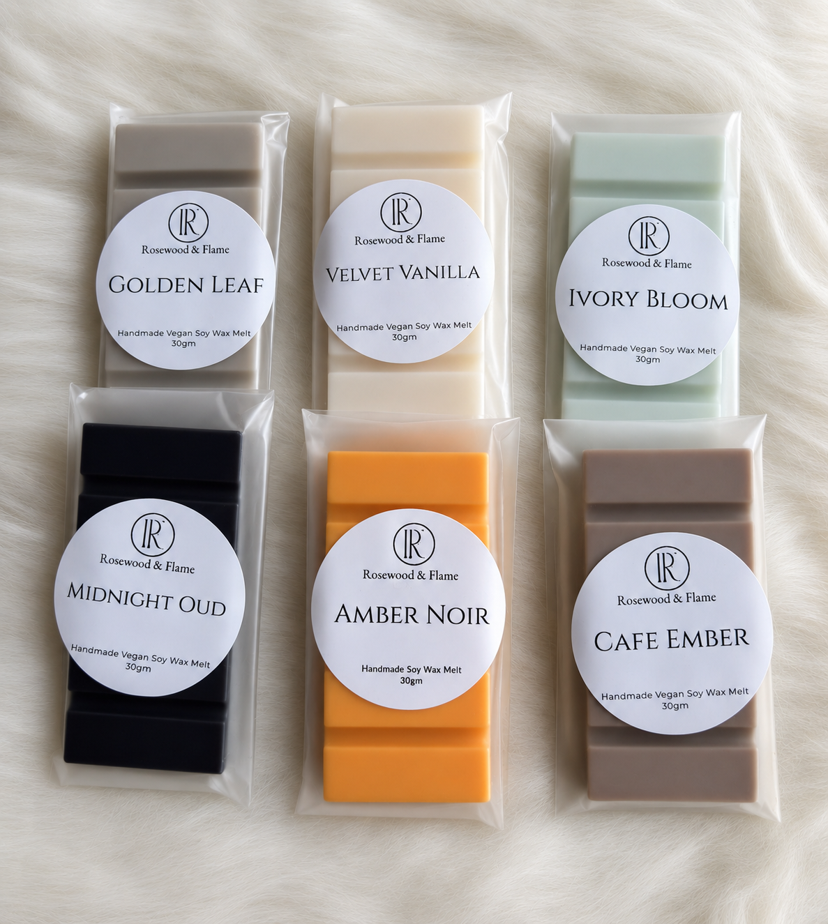 Rosewood and Flame Luxury Soy wax melt snap bars in five fragrances
